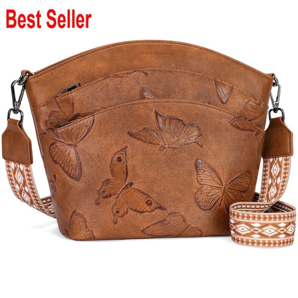 PU Leather Crossbody Bag with Butterfly Design, Adjustable Strap